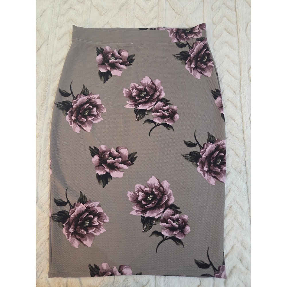 Iris Floral Pencil Skirt XL Taupe Grey Purple Rose Textured Bodycon Midi Skirt - Picture 2 of 4
